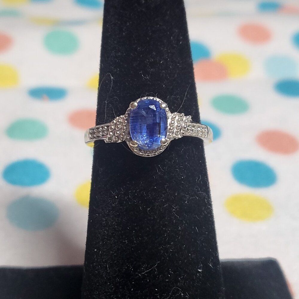 Kashmir Kyanite, White Zircon Sea Waves Sterling Silver Ring
